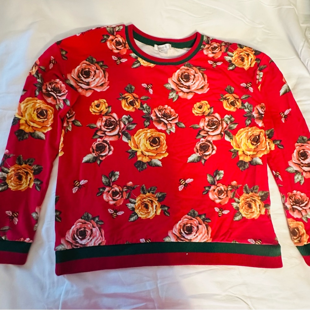 Forever 21 Vibrant Red Floral Crew Neck Sweater